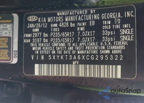 2012 Kia Sorento Lx z USA, uszkodzony, nr VIN 5XYKT3A6XCG295322